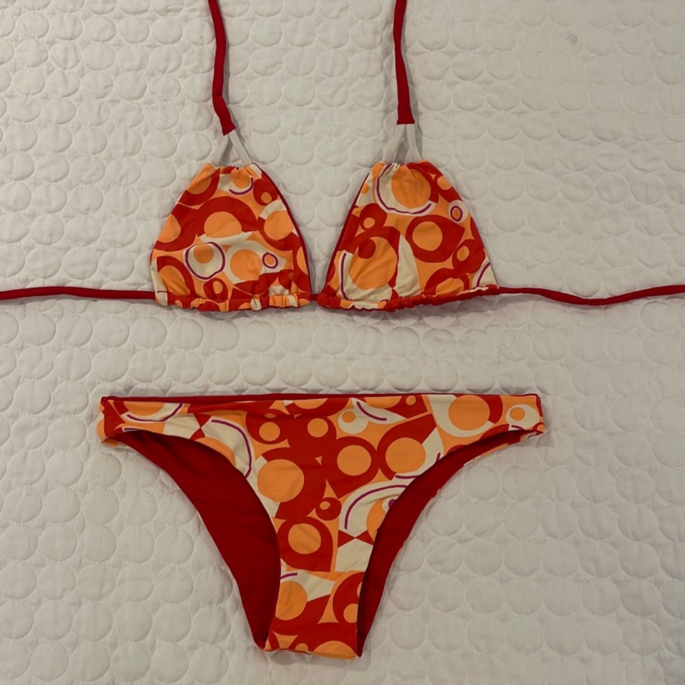 Women Small Reversible red orange triangle bikini set circles polka dot print
